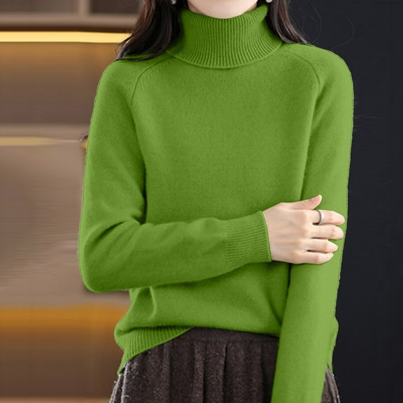 Green Womens Fall Tops High Collared Knitted Sweater for Women In Autumn and Winter Loose Thickened Made Of Pullover Long Sleeved Inner Layer Top. Sweaters for Women