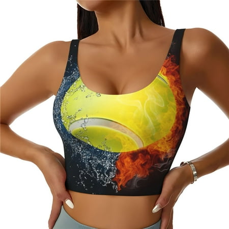 Adobk Tennis Ball In Fire And Water Print Sports Bras for Women Longline Workout Crop Tank Tops Padded with Built in Shelf Padded Sports Bra-