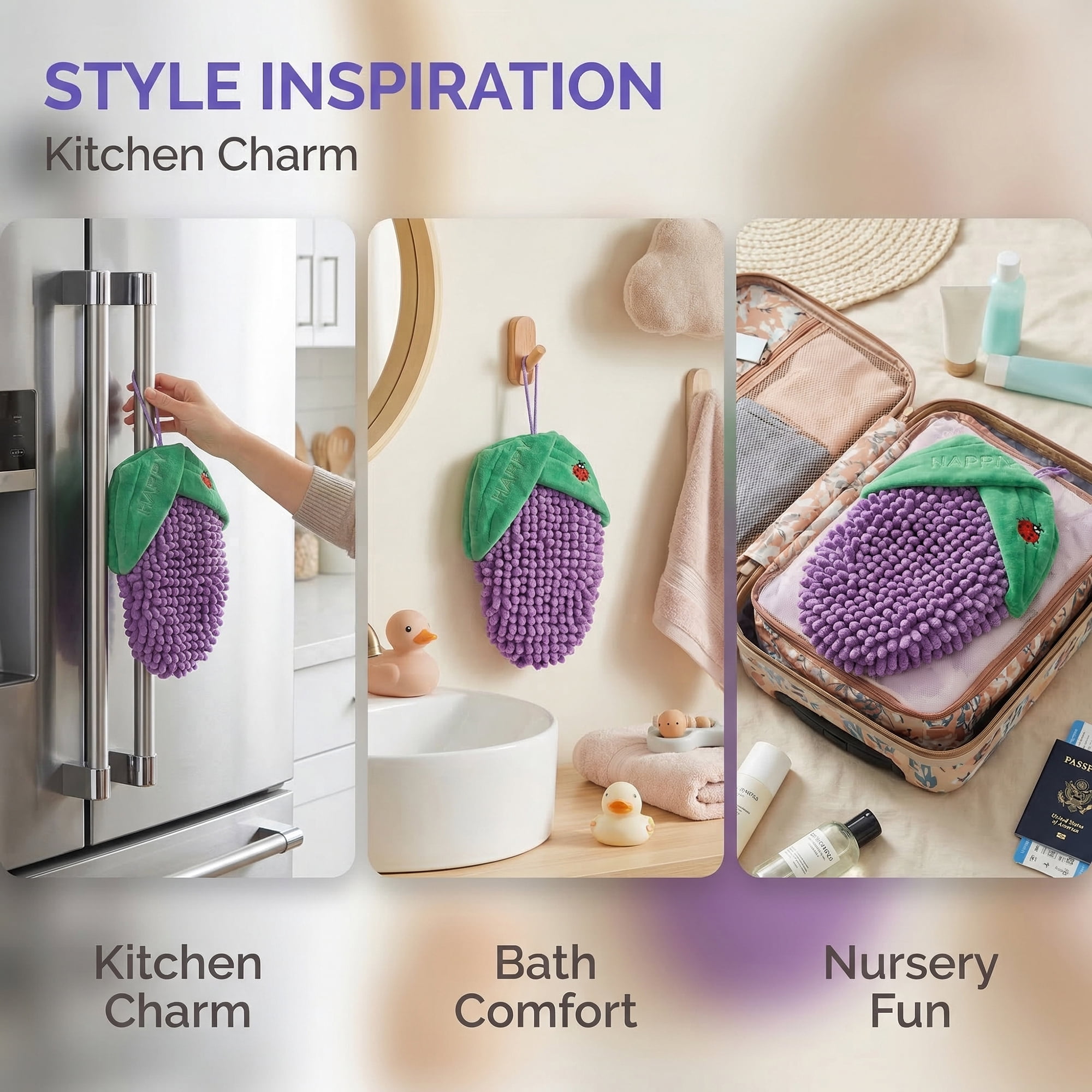 Unique Bargains Cute Corn Shaped Chenille Hanging Soft Absorbent Hand Towel Purple 8" x 5"