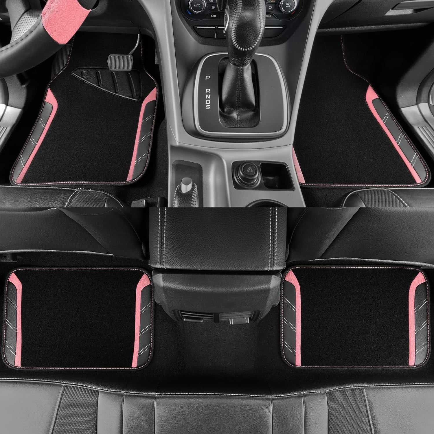 CAR GRAND Microfiber Steering Wheel Cover and Waterproof Car Floor Mats,Leather Universal Car Combo Fit for 95% Truck,SUV,Cars,14.5-15inch Sporty Anti-Slip Safety Comfortable Design(Black and Pink)