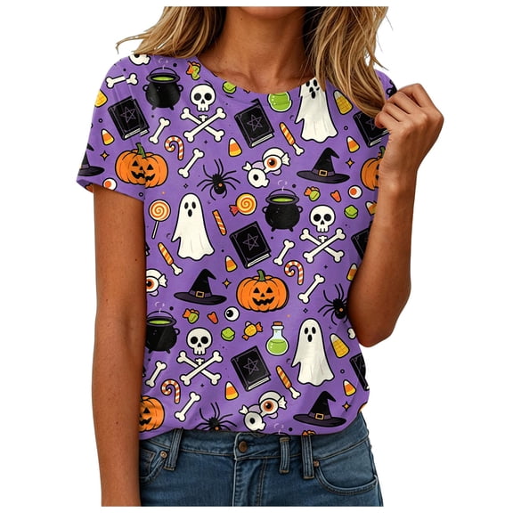 Akiihool Halloween Tshirts Women Shirt Tee Funny Graphic Casual Halloween Athletic Tops (Purple,3XL)