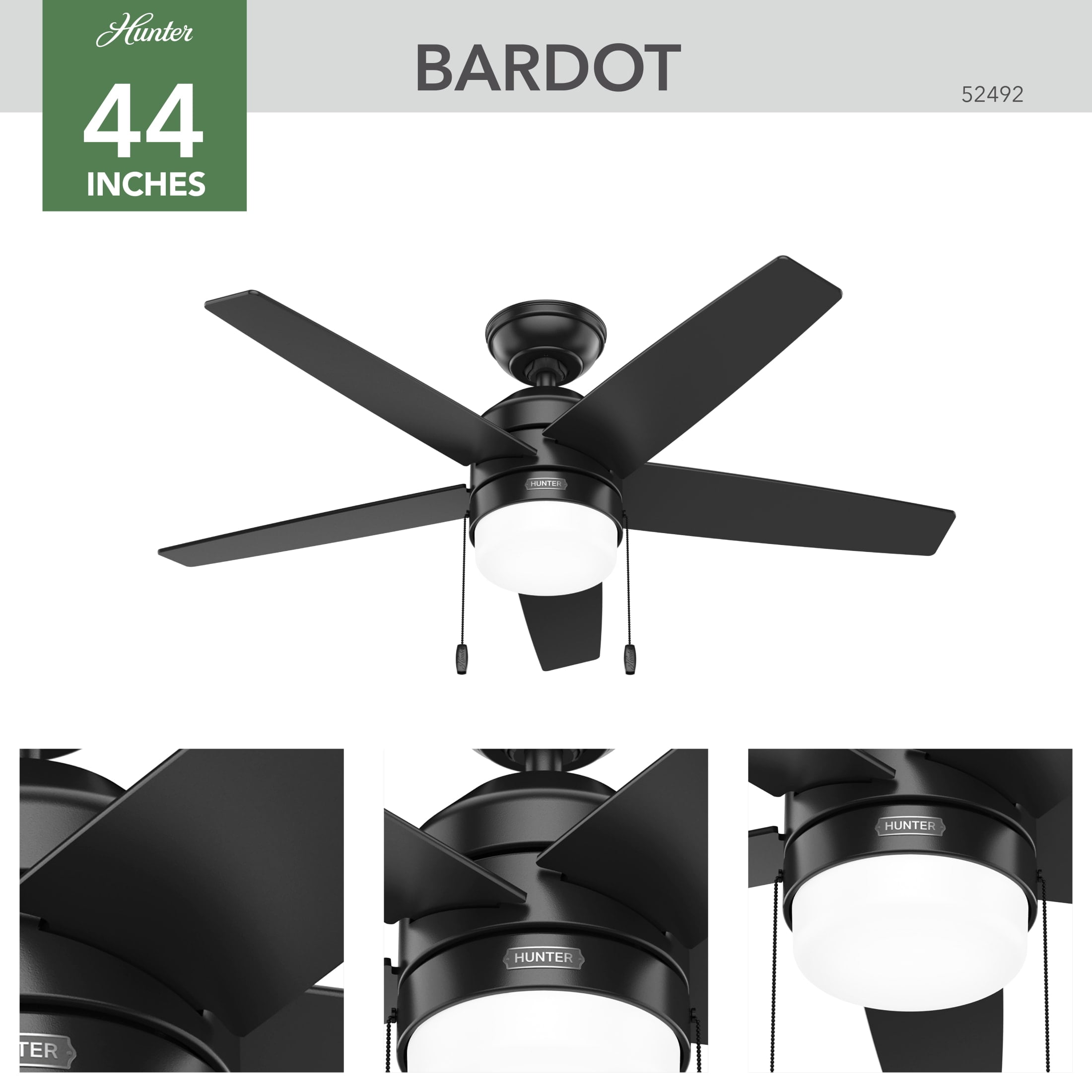 Hunter 44 inch Indoor Ceiling Fan with LED Light and Pull Chain - Black Modern Ceiling Fan, Standard Mount, 5 Blades, For Bedroom, Living Room, or Kitchen - Bardot 52492, Matte Black