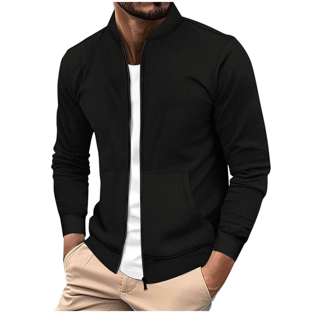 Men's Solid Color Long Sleeved Stand Up Collar Zipper Cardigan Jacket