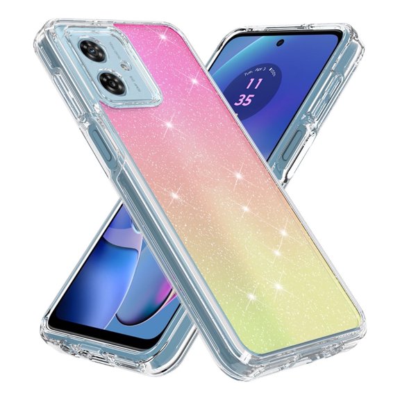 Rosebono Compatible With Motorola Moto G 5G 2024 Case, Hybrid Glitter Sparkle Transparent Colorful Gradient TPU Skin Cover Protection Case (Gold/Pink)
