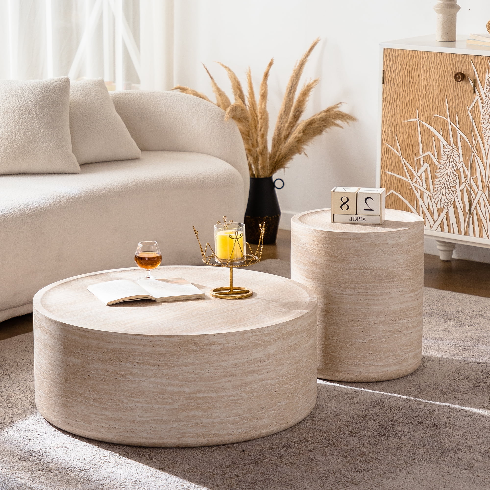 Leumius Round Coffee Table for Living Room, Modern Drum Circle Coffee Table for Bedroom, No Need Assembly Amber 2