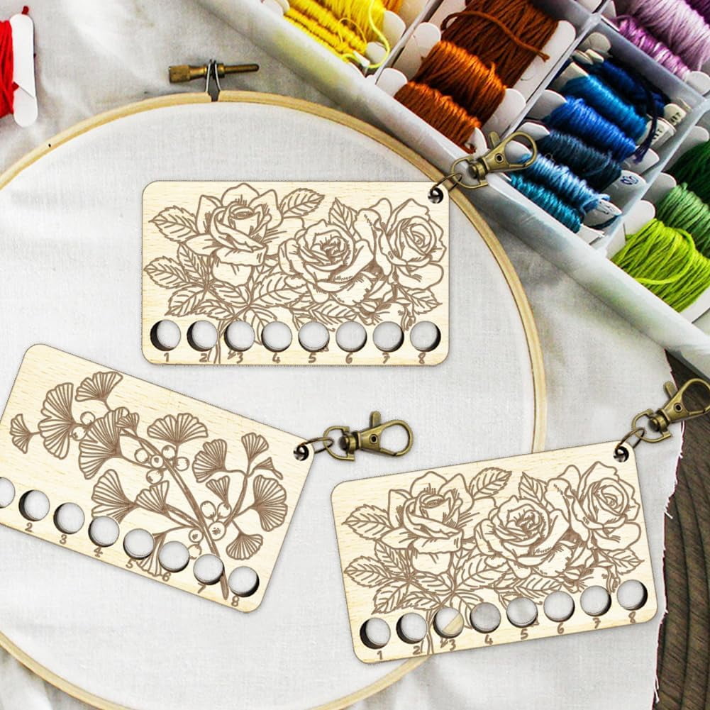 Wooden Embroidery Thread Winder Board - Multi-Hole Floss Organizer With Wreath & Pentagram Pattern, 100mm