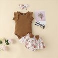 thumbnail image 2 of TOWED22 Baby Girl Clothes Newborn Cute Ruffle Short Sleeve Romper Floral Shorts Summer Outfits with Headband 0-18 Months(Coffee,9-12 M), 2 of 7