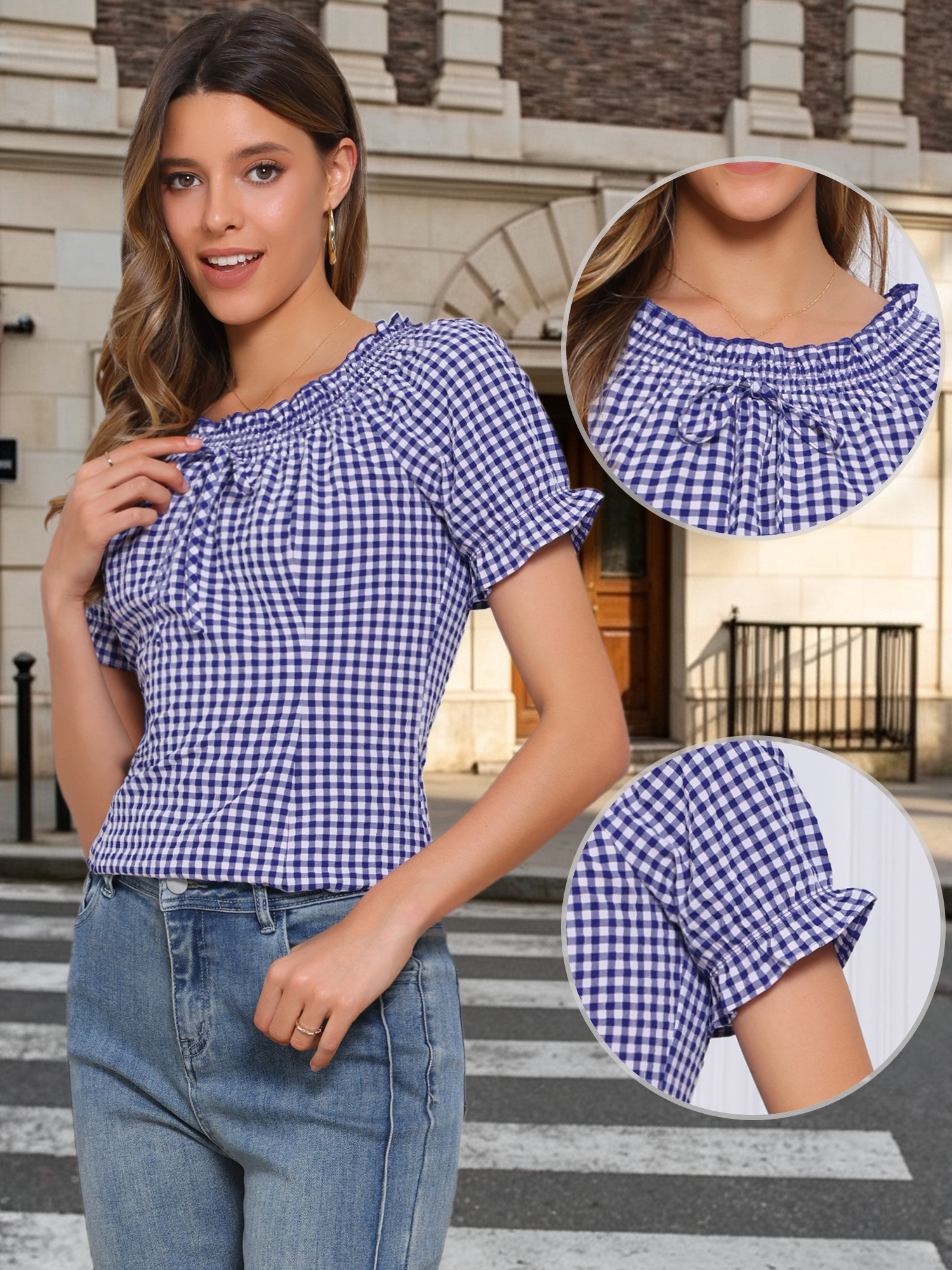 DARING DIVA Women's Gingham Plaid Peasant Round Neck Puff Sleeve Tops XS Dark Blue
