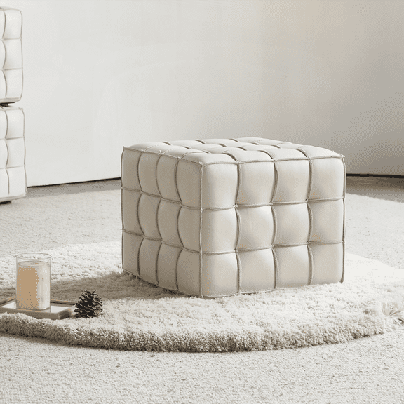17.32''W Genuine Leather Tufted Ottoman for Living & Bedroom in Beige Color|Versatile Footstool as Extra Seat or Coffee Table