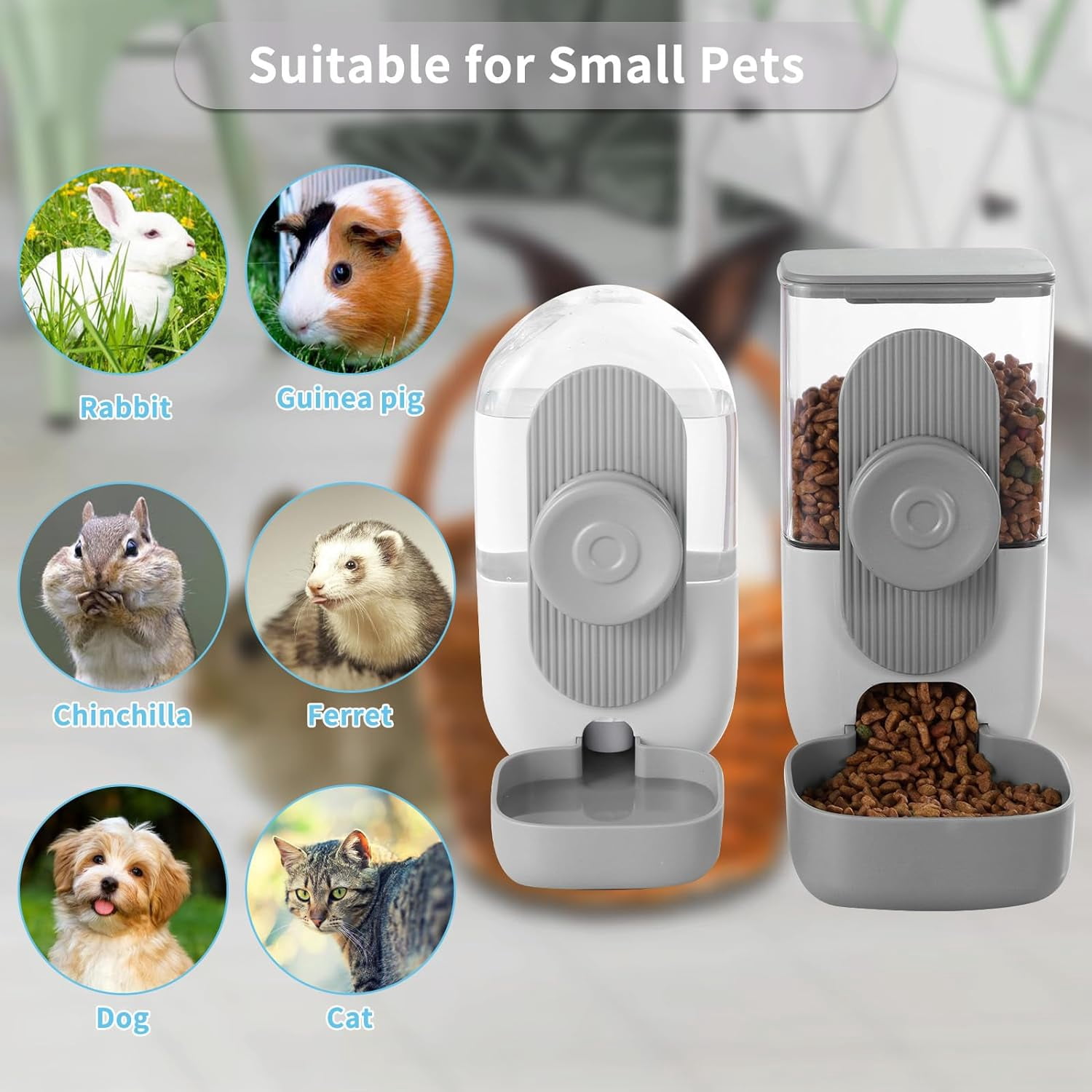 Hanging Automatic Food Water Dispenser,Gravity Rabbit Feeder, Water Dispenser Food Bowl for Bunny Chinchilla Guinea Pig Hedgehog Ferret (White Brown)
