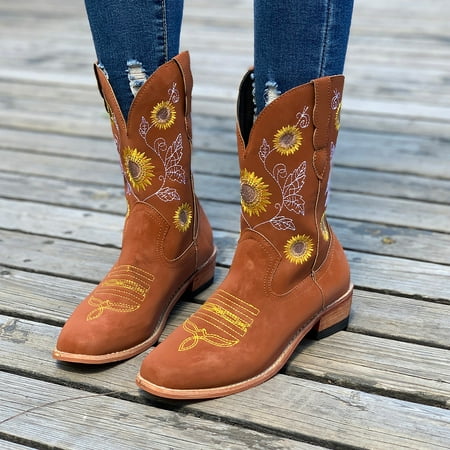

Womens Boots Toe Fashion Heel Size Embroidered Women s Round Short Thick Plus Boots Boots Women s Boots Khaki 6 Boots for Women