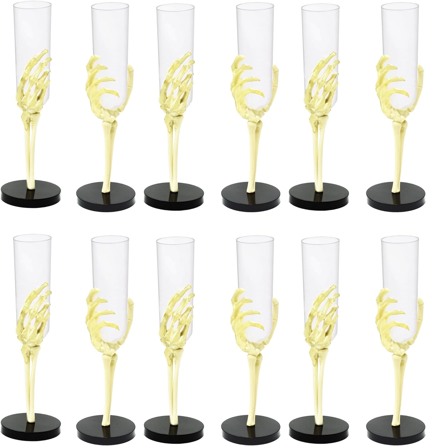 4E's Novelty Skeleton Hand Flutes 12 Pack - Clear Plastic Halloween Champagne Cocktail Goblets (2.7oz) - Halloween Wine Glasses for Spooky Parties
