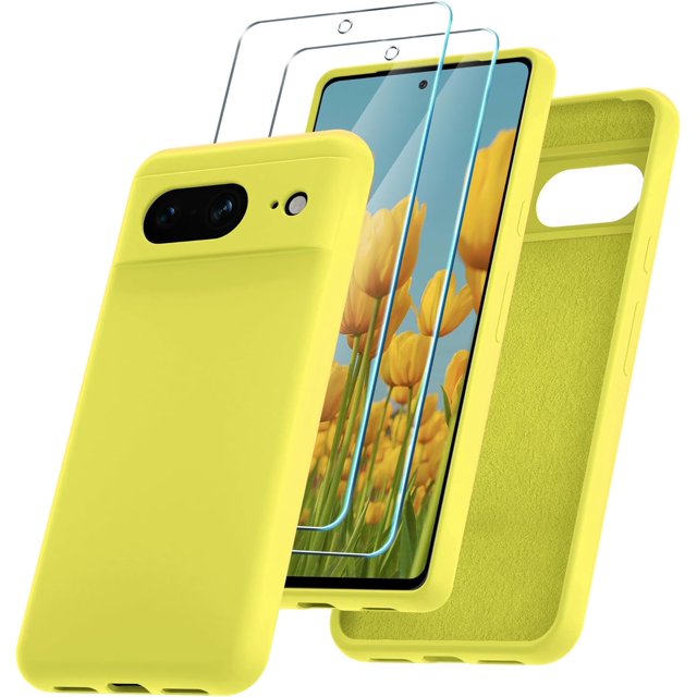 KOMI for Google Pixel 8 Case, Silicone Phone Case with 2 Screen Protector, Soft Anti-Scratch Microfiber Lining, Full Body Shockproof Slim Cover Support Wireless Charging, Yellow