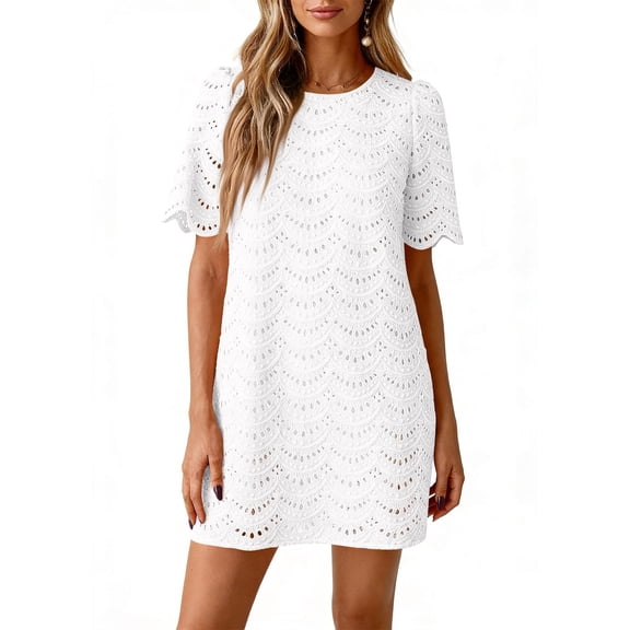 YuXingFu Womens Cotton Dresses for Summer Mini Crew Neck Plus Size Womens Dress Short Sleeve Solid Color Casual Summer White S