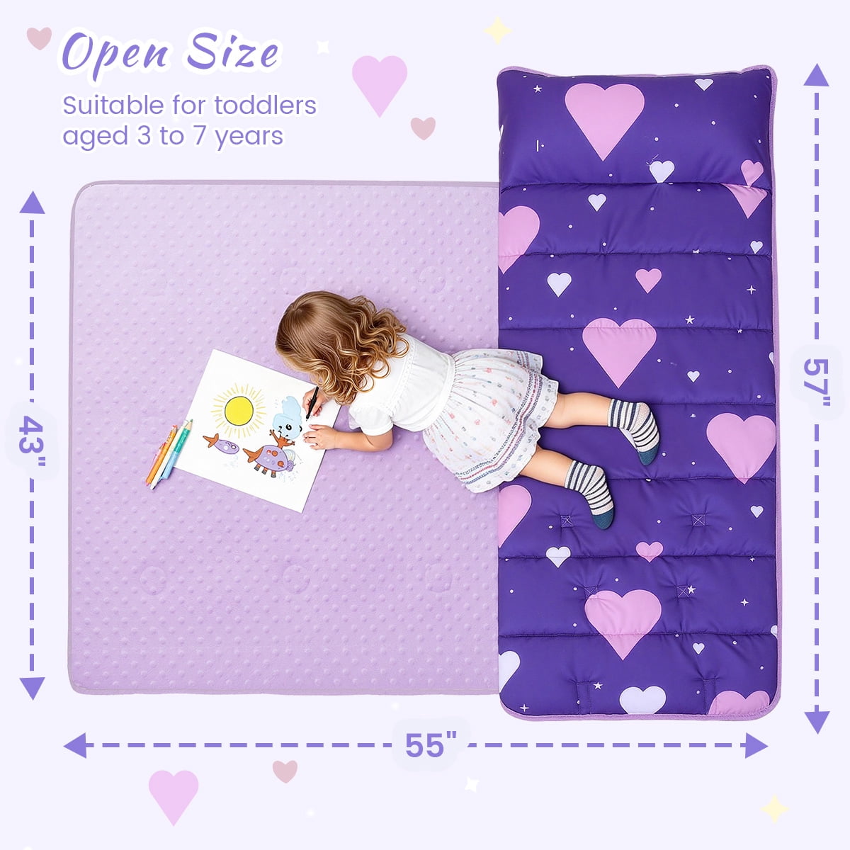 Toddler Nap Mat, Caveen Sleeping Bag with Blanket and Removable Pillow, Portable Slumber Bags for Daycare and Travel, Easy to Roll, 55"x22", Purple
