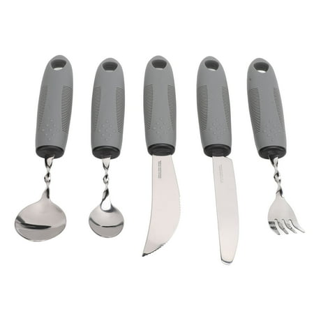 YAHHU 5-Piece Bendable Adaptive Utensils Set, Weighted Easy Grip Cutlery for Tremors and Arthritis, Grey - Stainless Steel Anti-Shake Spoons, Fork, and Knives for Elderly and Parkinson's Patients