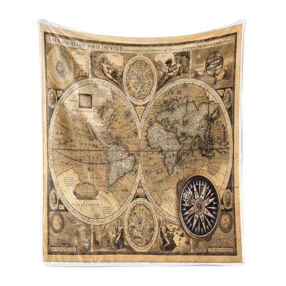 Wanderlust Soft Flannel Fleece Blanket, Old Map 1626 a New and Accurate Map of World Historical Manuscript, Cozy Plush for Indoor and Outdoor Use, 50" x 70", Pale Brown Black Brown, by Ambesonne