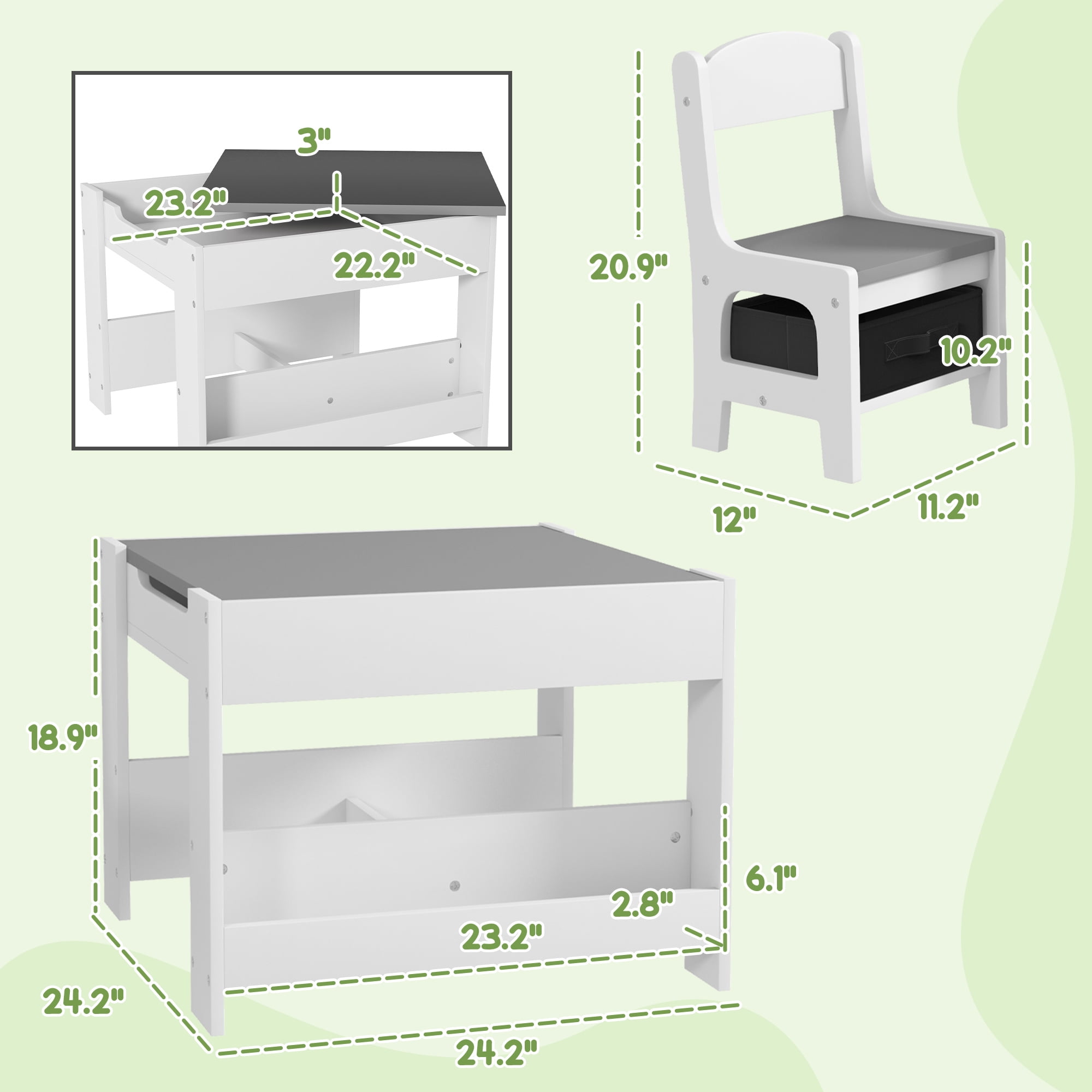 Cribs Qaba 3 Piece Table and Chair Set, 2 in 1 Toddler Table and Chair Set with Reversible Tabletop Blackboard, Storage & Bookshelves for Playroom, Nursery, Gray,Youth Desk and Chair Set