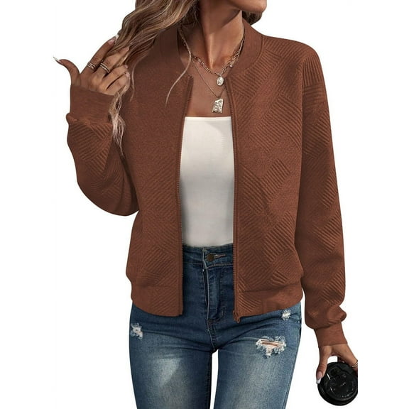 Womens Jacket Coat Casual Stand Collar Zip Up Fall Fashion Jackets Outfits with Pockets Caramel Color M