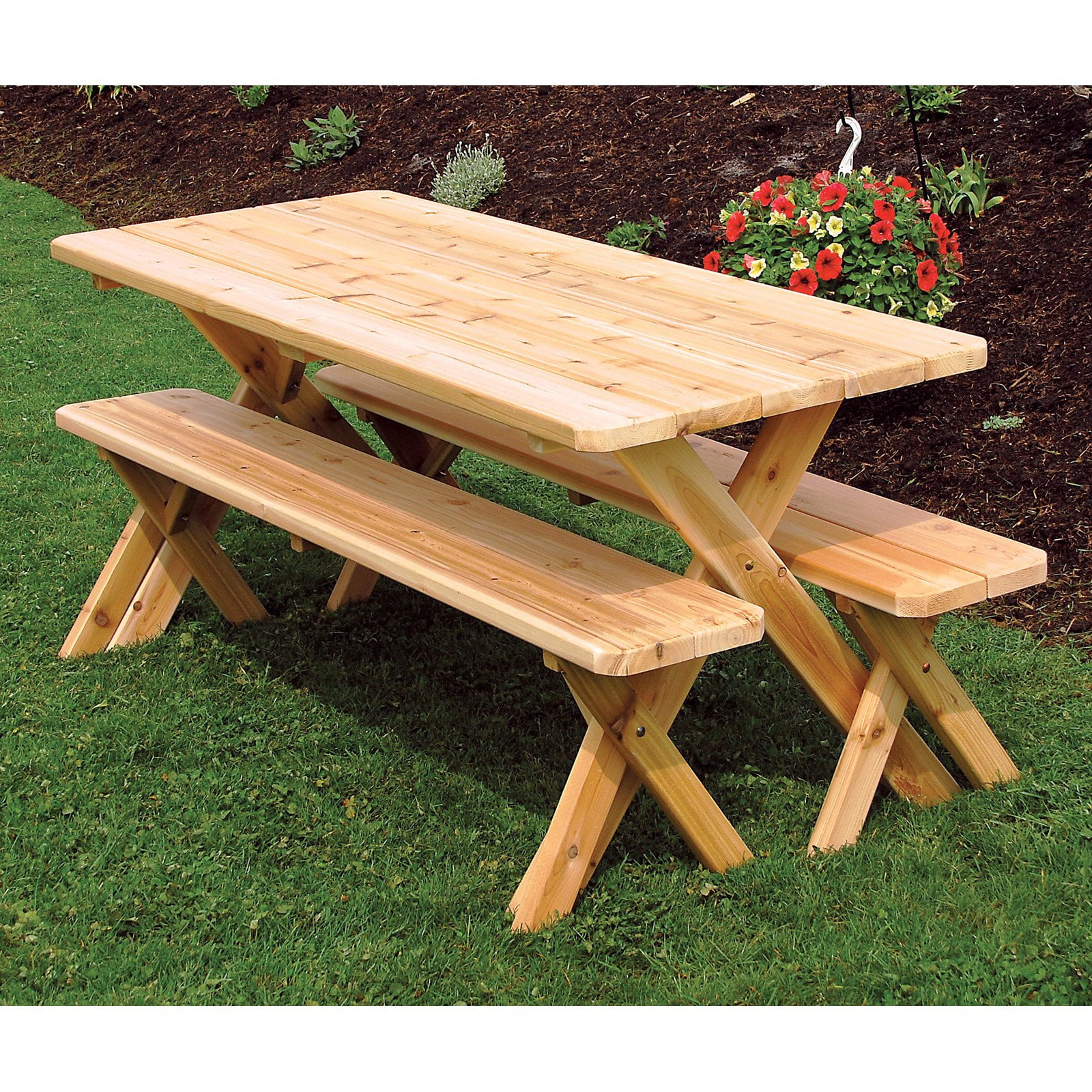 Wood picnic table with benches