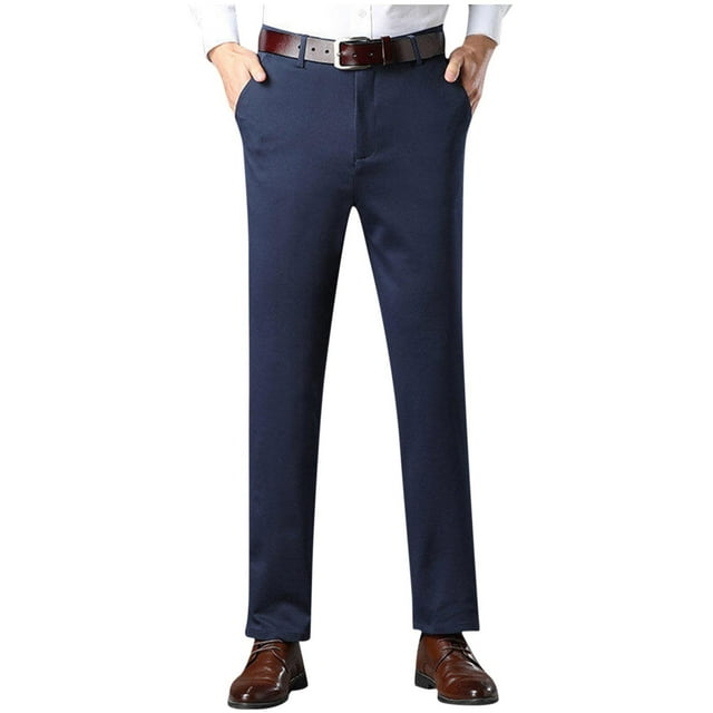 Mens Business Casual Pants Solid Color Stretch Wrinkle Resistant Trouser Zipper Button Straight Suit Pant Dark Blue L