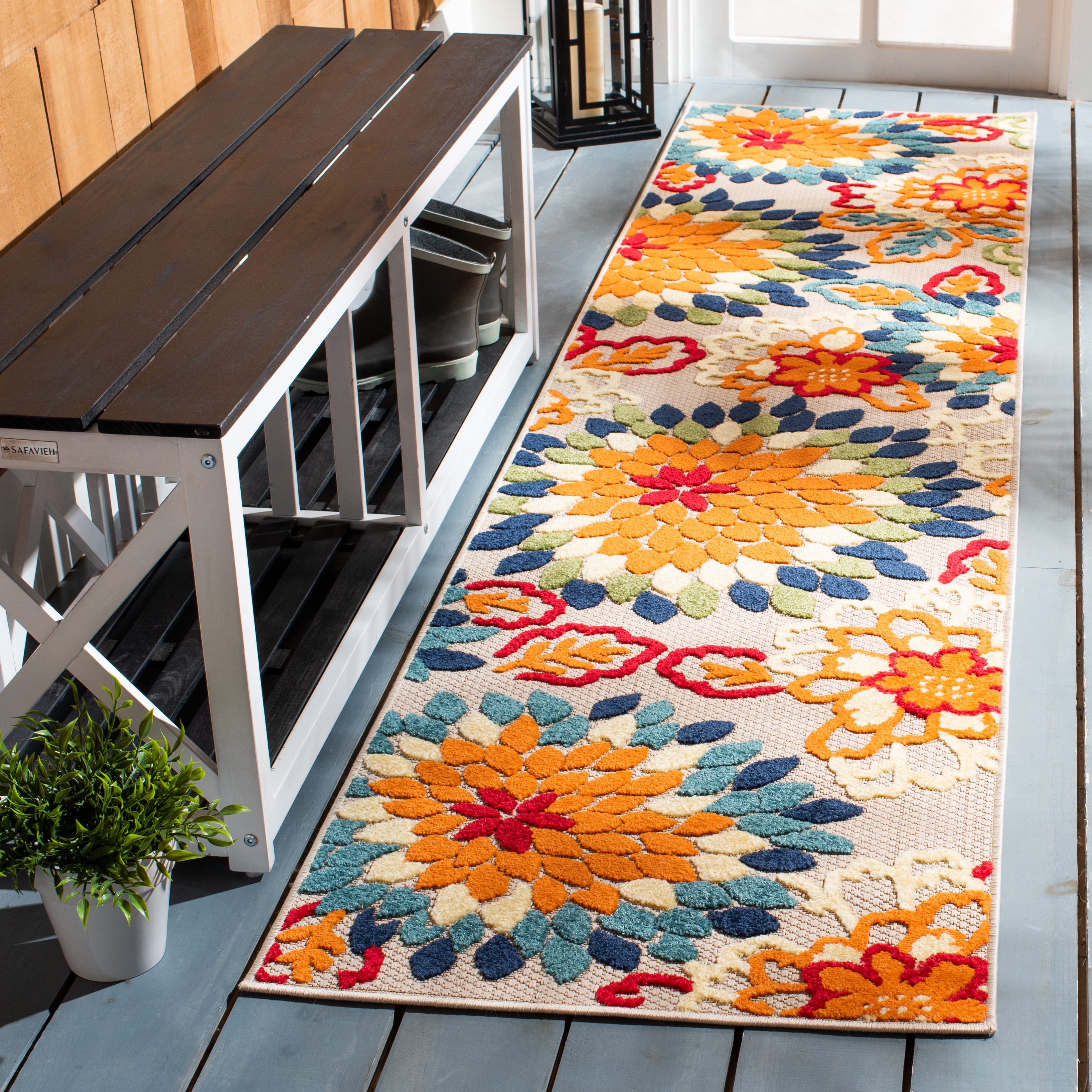 SAFAVIEH Cabana Michelle Floral Indoor/Outdoor Runner Rug, Ivory/Orange, 2'2" x 11'