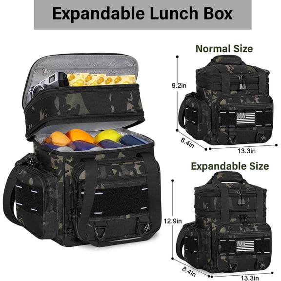 Expandable Tactical Lunch Box, XLarge Insulated Lunch Cooler Bag Heavy Duty Leakproof Lunch Pail for Men Adults Work Office Outdoor Picnic Trips,25L,Black-Camo