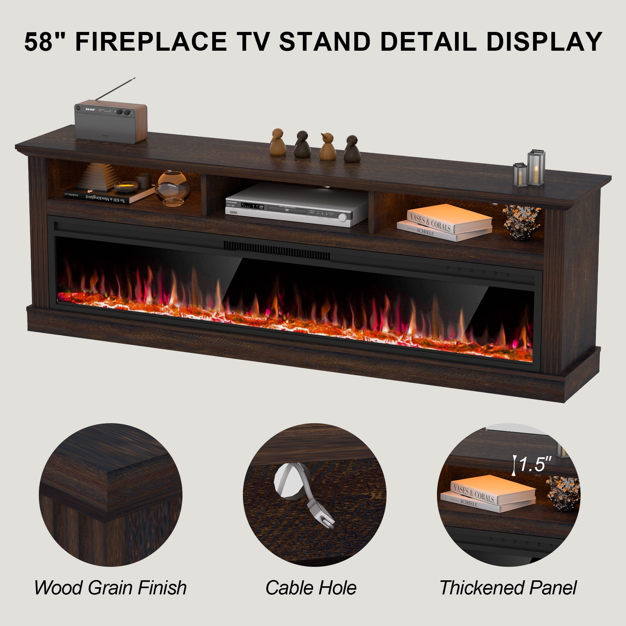 HARIPUL 58" Fireplace TV Stand for TVs Up to 65" with 52" Electric Fireplace,White Entertainment Center with Storage Cabinets,Led Light TV Consoles for Living Room,Brown/Log Fireplace