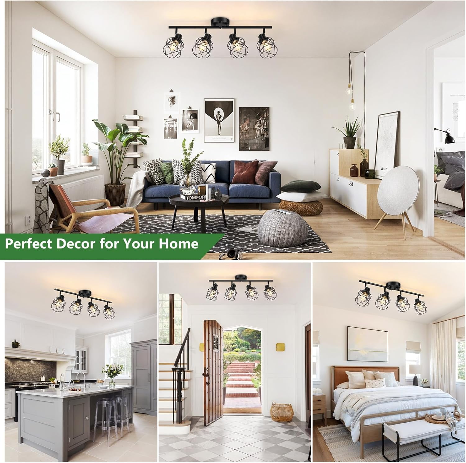 4 Light Flush Mount Ceiling Spot Light Fixture Track Lighting Fixtures Ceiling Black Flush Mount Ceiling Light with E26 Base Industrial Track Lighting for Kitchen, Living Room, Dining Room, Hallway