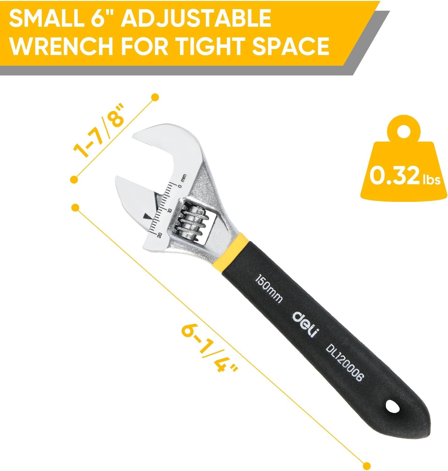 MKEUDQ-8" Adjustable Wrench Heavy-Duty Chrome Anti-Slip Grip, Smooth-Jaw, Cr-V Steel, Wide Opening for Plumbing & DIY