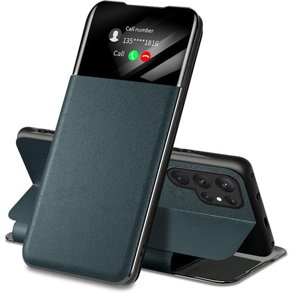 for Samsung Galaxy S23 Ultra Case Clear View S23 Ultra Case with Card Slot Kickstand Leather Flip Hard PC Shockproof Protective Phone Case Cover for Samsung Galaxy S23 Ultra 5G (Green)