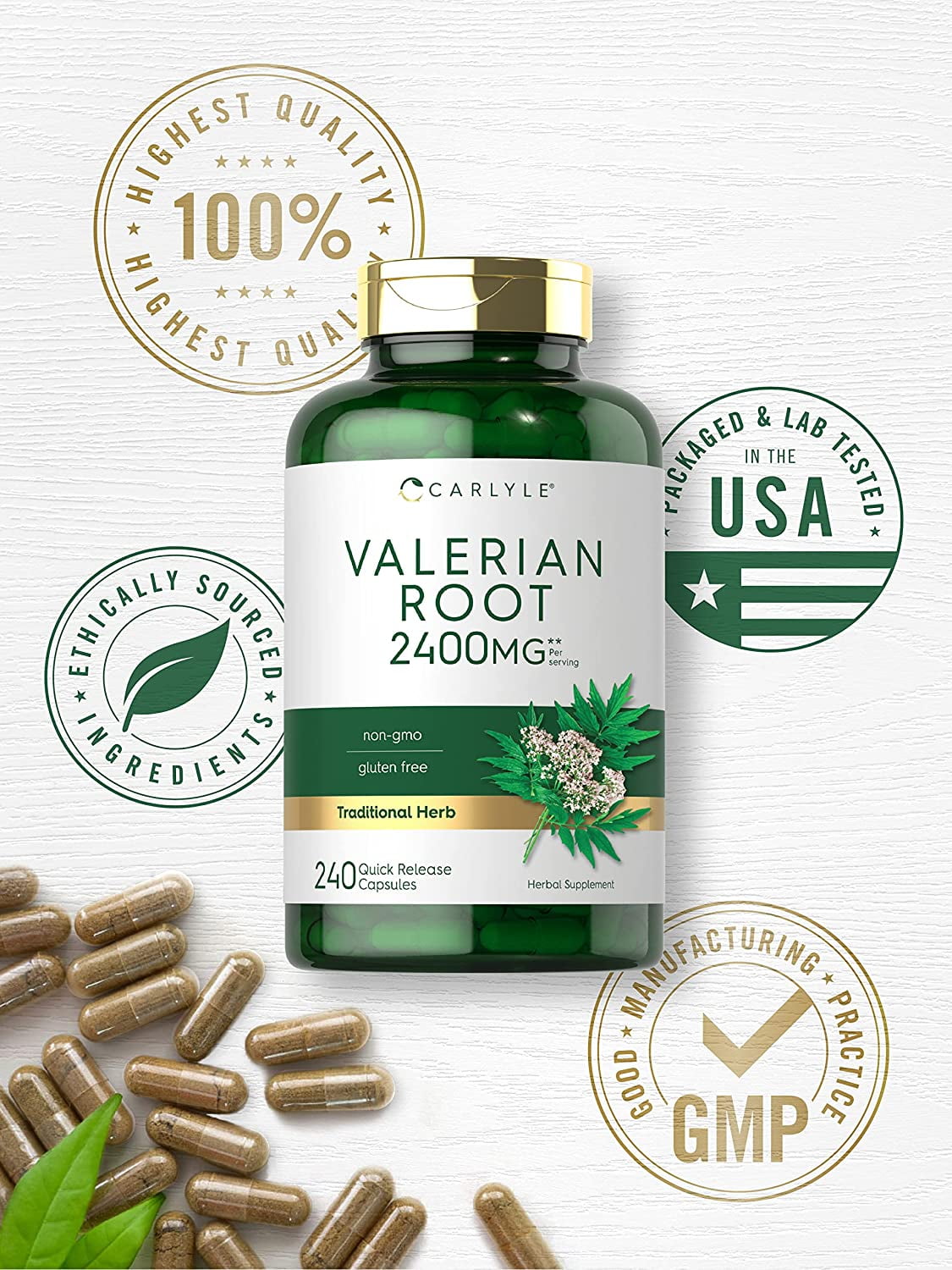 Buy Valerian Root Capsules 240 Pills High Potency NonGMO, Gluten