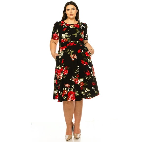 MOA Collection Women's Plus Size Dress with Puff Sleeves and Keyhole Front Casual Chic with Side Pock