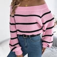 thumbnail image 2 of Annhoo Off the Shoulder Sweaters for Women Fall Winter Loose Long Sleeve Knitted Tops Fashion Stripe Printed Shirts, 2 of 6