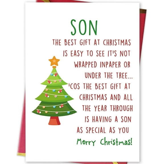 Christmas Card for Son – Heartfelt “Best Gift at Christmas” Message with Festive Tree Design – Envelope Included, Blank Inside – Perfect for Holiday Gifting