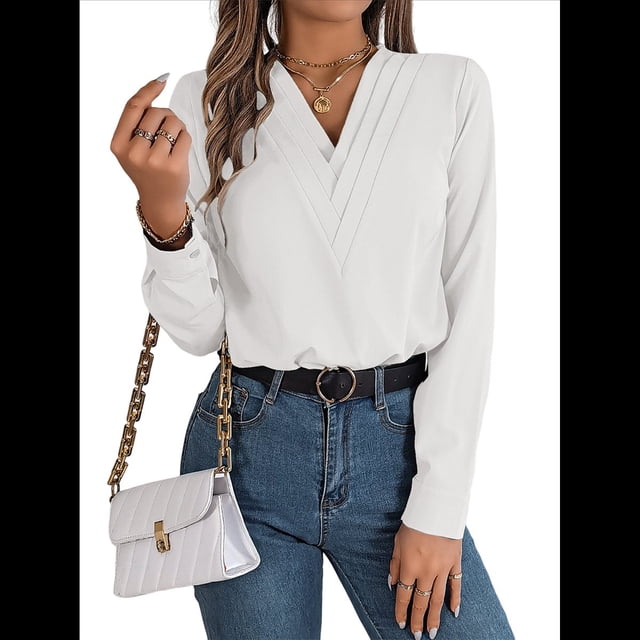 Blusa Plisada de Larga con Cuello en V para Mujer, Ideal para Oficina XL