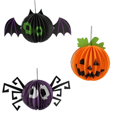 - 3 Pcs Halloween Paper Lanterns Three-dimensional Halloween Spooky Pumpkin Bat Spider Decoration