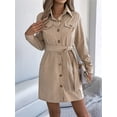 thumbnail image 2 of Women'S Collar V Neck Button Down Pleated Long Sleeve Mini Shirt Dress with Belt Khaki XL, 2 of 8