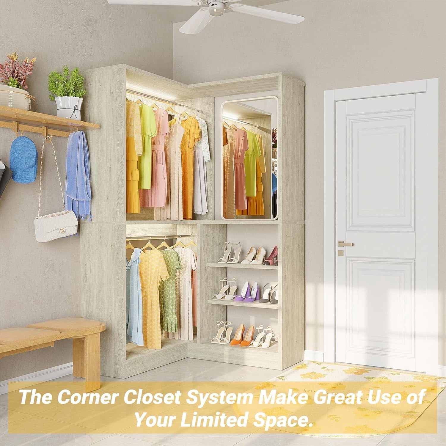 Homieasy 36'' W Corner Closet System with Hanging Rods, White Oak