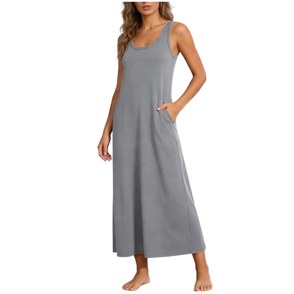 Long Tank Dresses Womens Sleeveless Round Neck Sundress with Pockets Plain Summer Casual Maxi Dress Gray, M