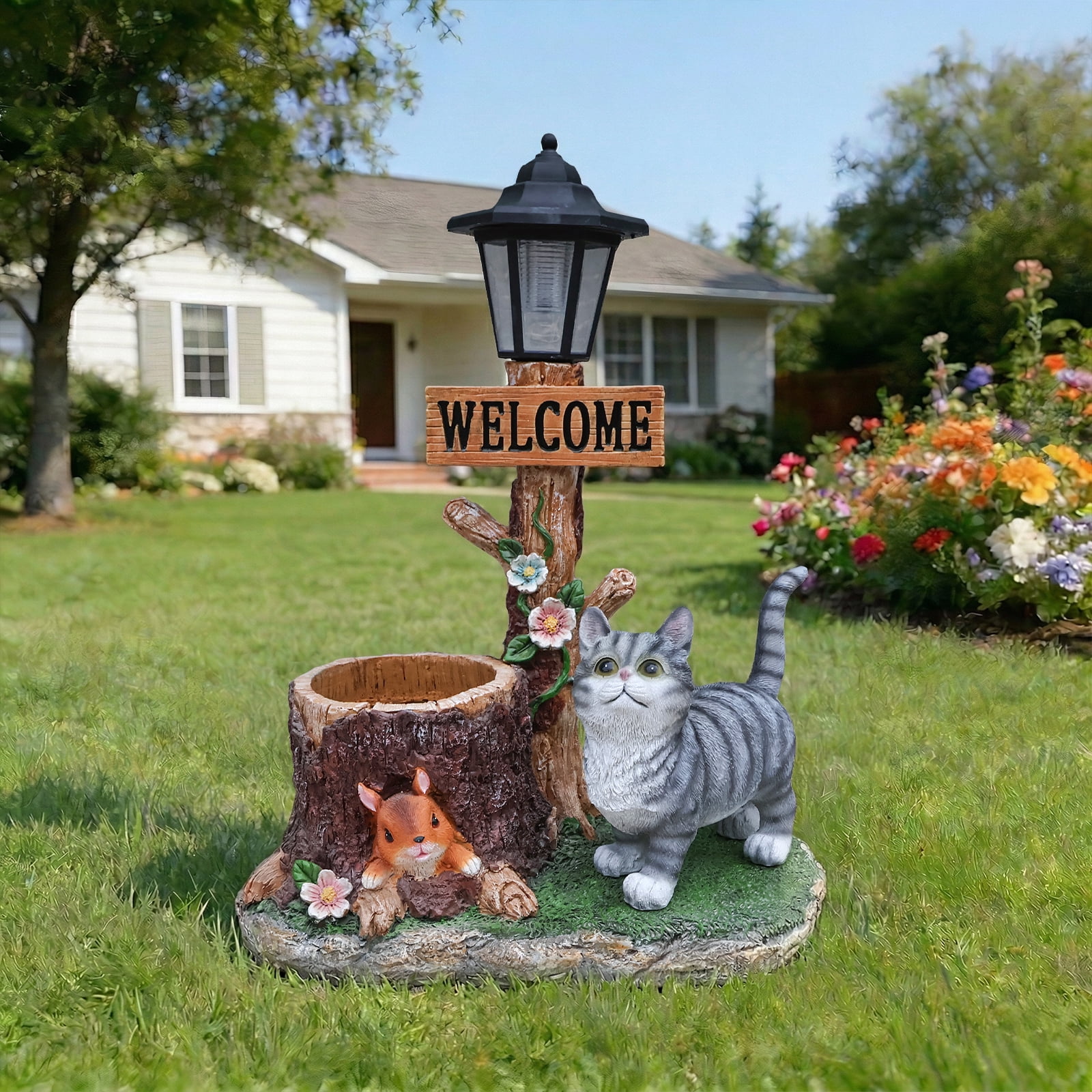 Cat Solar Planter Statue for Outdoor Decor, Garden Statue with Built-In Planter and LED Light, Weather-Resistant Resin for Yard, Patio, Brown