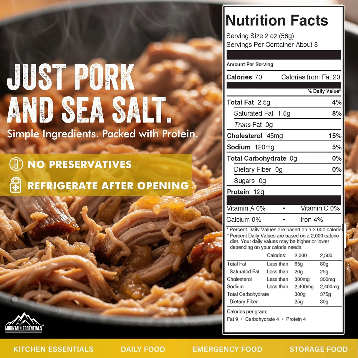 Mountain Essentials Canned Pork 14.5 oz (Pack of 6) – Fully Cooked Ready-to-Eat Pork Meat, Shelf Stable Protein, Gluten Free, No Carbs, Emergency Food Supply, Camping & Pantry Staple, Made in USA