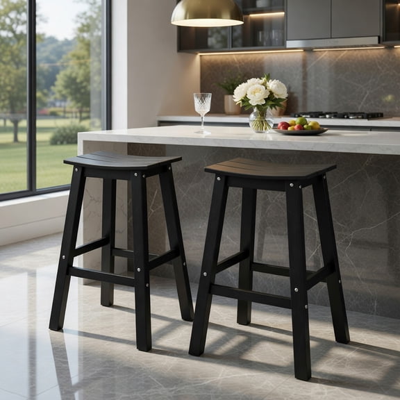 Topcobe 29 Inch HDPE Patio Bar Stool Set of 2 Armless Saddle Stools, Modern Furniture for Living Room-Black