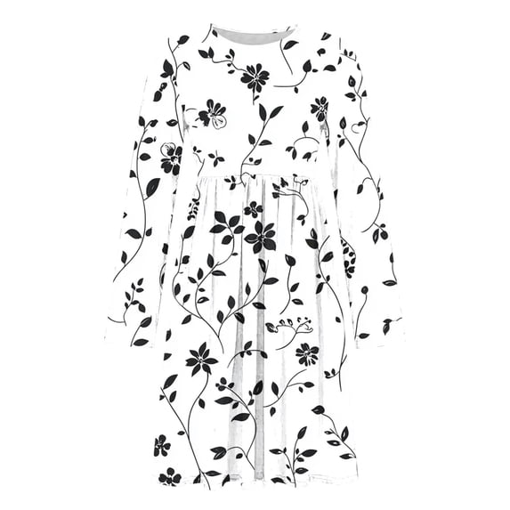 Hanen Women Floral Long Sleeve Crewneck Midi Dress, Loose A-Line Swing Flare Tshirt Dress with Pockets, Lightweight Casual Summer Fall Vacation Church Semi-Formal Outfit