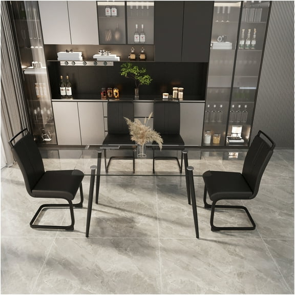 JERFIT 5-Piece Glass Dining Table Set for 4, Modern Kitchen Table with Black Metal Legs, PU Upholstered Chairs, Tempered Glass Top, Easy Assembly Dining Room Furniture