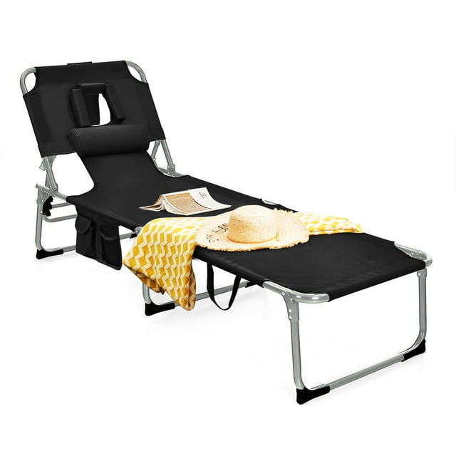 Topbuy Chaise Longue de Plage avec 5 Positions Réglables et Oreiller Détachable - Ensemble de 1, Noir