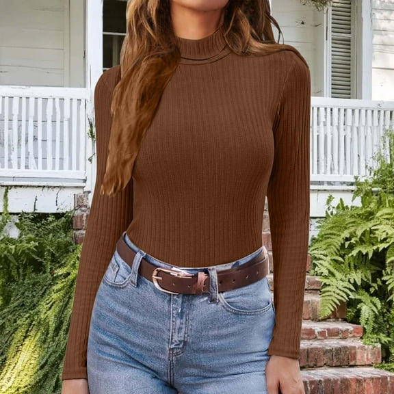 Mifsaly Ribbed Mock Turtleneck Tops for Women Slim Fit Knit Layering Shirt Fall Winter Soft Thermal Undershirts Casual Basic Stretch Blouse Coffee