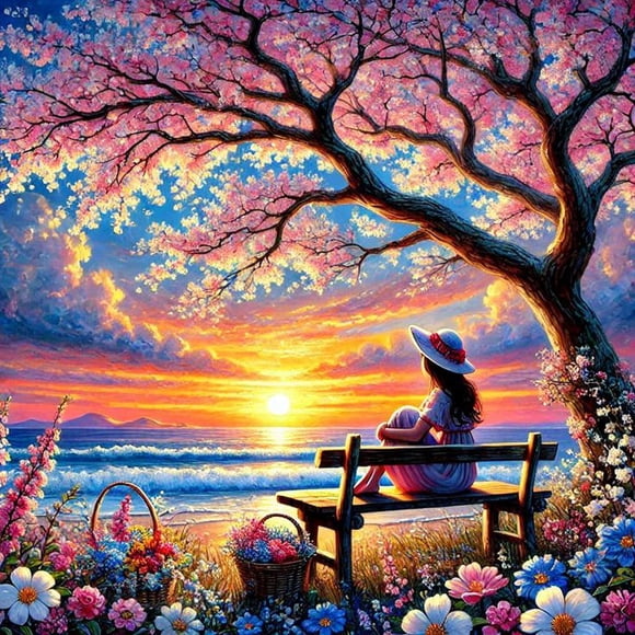 1pcs Diamond Painting Peaceful Sunset Woman Acrylic Abstract Landscape 5D DIY Diamond Embroidery Kits 3D Mosaic Art Decor, 30*30cm, frame not included.,3525