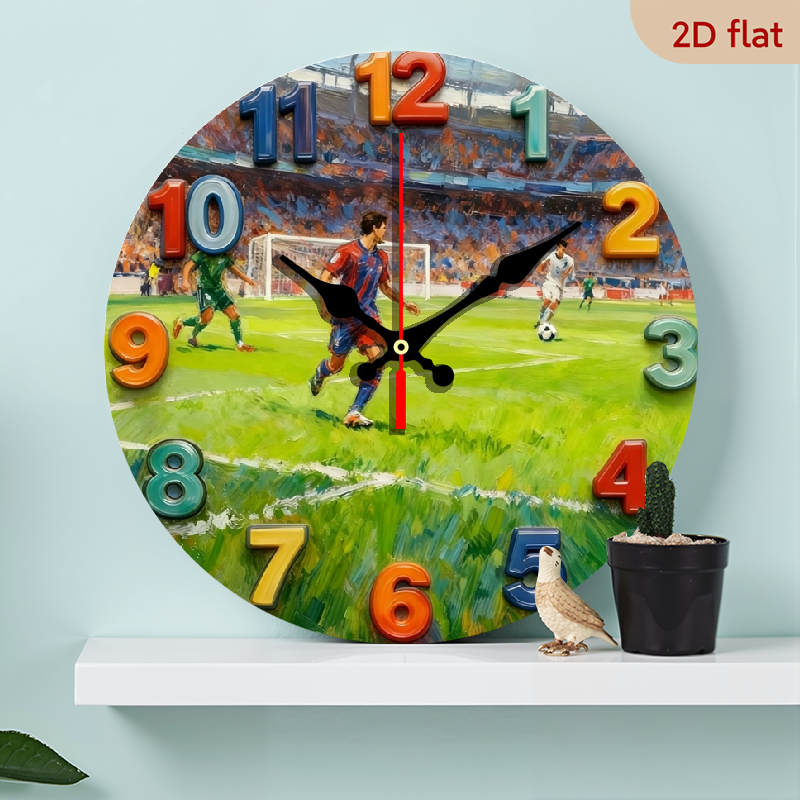 2D flat, a 10-inch wooden round wall clock, soccer players field design. Suitable for bedroom, living room, office decoration. Can be used as a Father's Day and other holiday gifts.