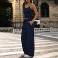 thumbnail image 5 of Qiopertar Women's Ribbed Tank Top and High Waisted Flare Pants Set Solid Color Casual Lounge Outfit with Drawstring Waist and Pockets, Navy L, 5 of 6